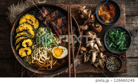 Overhead View of a Bowl of Ramen Noodles with Tofu, Squash, and Mushrooms 126660249