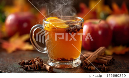 Warm Apple Cider with Spices in a Glass Mug 126660250