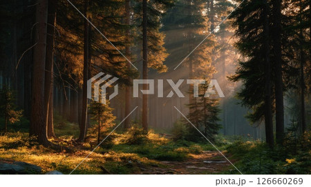 Sunlit Forest Path: Golden Hour in a Coniferous...のイラスト素材 [126660269 ...
