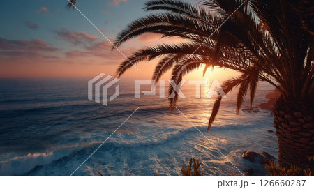 Sunset Over Ocean with Palm Tree Silhouette 126660287