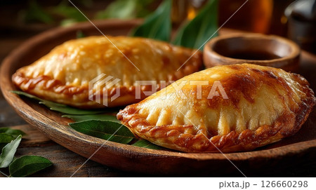 Two Golden Brown Pastries on Wooden Plate 126660298