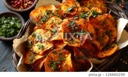 Spicy Sweet Potato Chips with Parsley and Red Pepper 126660299