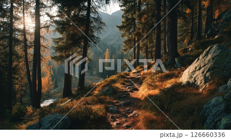 Sunlit Autumn Forest Path Sunlit Autumn Forest Path 126660336