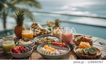 Tropical Fruit Breakfast Bowls with Ocean View 126660367