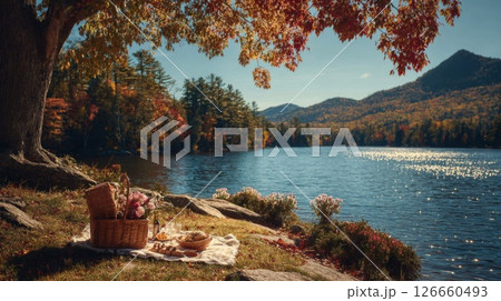 Autumn Picnic by a Lake with Mountain View 126660493