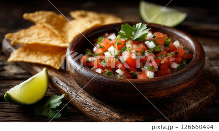 Fresh Salsa with Tortilla Chips and Lime 126660494