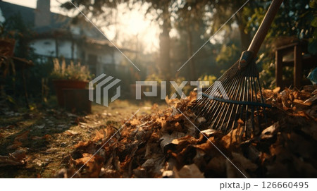 Raking Autumn Leaves in a Sunlit Garden Raking Autumn Leaves in a Sunlit Garden 126660495