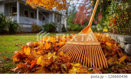 Raking Autumn Leaves in a Residential Yard Raking Autumn Leaves in a Residential Yard 126660496
