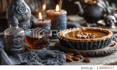 Dark Rustic Halloween Pumpkin Pecan Pie Still Life 126660527