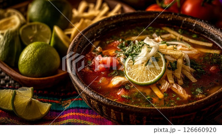 Warm Tortilla Soup with Limes and Tortilla Strips 126660920