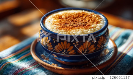 Creamy Rice Pudding in Blue Hand-Painted Bowl 126661137