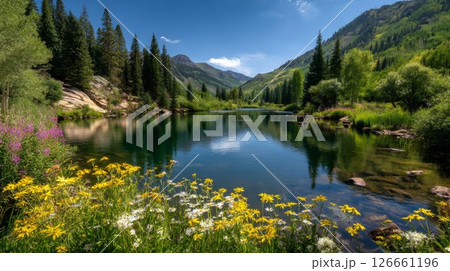 Serene Mountain Lake Landscape with Wildflowers 126661196