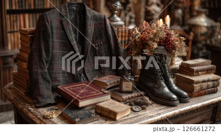 Dark Plaid Jacket and Leather Boots on Antique Table with Books 126661272