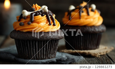 Two Halloween Chocolate Cupcakes with Orange Frosting 126661273