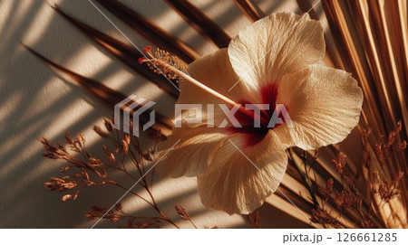 Cream Hibiscus Flower with Dried Palm Leaves and Soft Lighting Cream Hibiscus Flower with Dried Palm Leaves and Soft Lighting 126661285