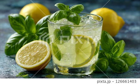 Refreshing Lemon Basil Drink with Ice 126661403
