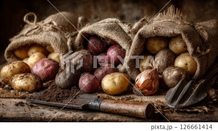 Rustic Harvest: Potatoes and Onion in Burlap Sacks Rustic Harvest: Potatoes and Onion in Burlap Sacks 126661414