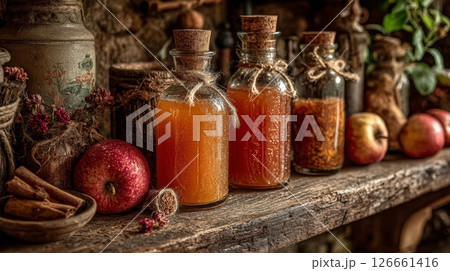 Rustic Still Life with Amber Potions and Apples Rustic Still Life with Amber Potions and Apples 126661416