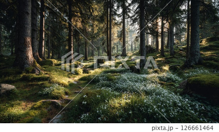 Sunlit Forest Path with Lush Green Vegetation 126661464