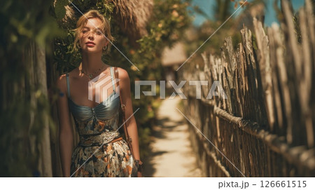 Blonde Woman in Summer Dress on Tropical Path 126661515