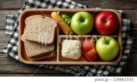 Healthy Lunchbox with Apples Bread Corn and Peas 126661535