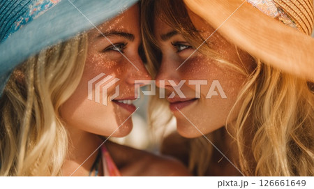 Close-Up Portrait of Two Blonde Women Under a Hat Close-Up Portrait of Two Blonde Women Under a Hat 126661649