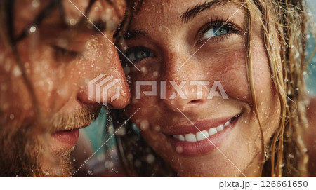 Close Up Romantic Couple Portrait Wet From Ocean Water 126661650