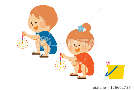 花火をする子供達　夏休み　イラスト素材 126661757