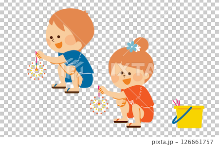 花火をする子供達　夏休み　イラスト素材 126661757