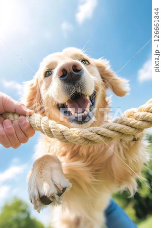 ロープで引っ張り合いを楽しむゴールデン 126661844