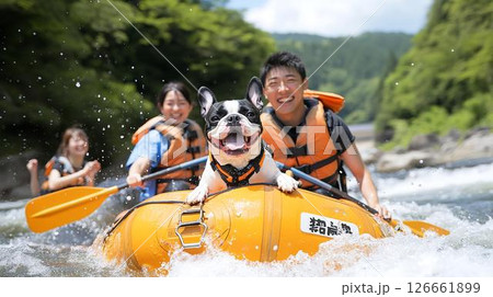 犬と一緒に川下りを楽しむラフティング体験 126661899