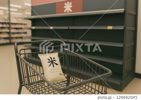 空っぽの棚と米袋を載せた買い物カート 126662045