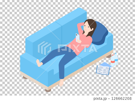 ソファーの上でスマホを見ながらだらだらしている女性 ソファーの上でスマホを見ながらだらだらしている女性 126662208