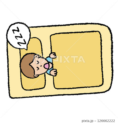 Hand drawn crayon illustration of a boy sleeping on bed for back to school, students, children, childhood, people, human, sticker, family members, kids, cute patch, brooch, print, night time Hand drawn crayon illustration of a boy sleeping on bed for back to school, students, children, childhood, people, human, sticker, family members, kids, cute patch, brooch, print, night time 126662222