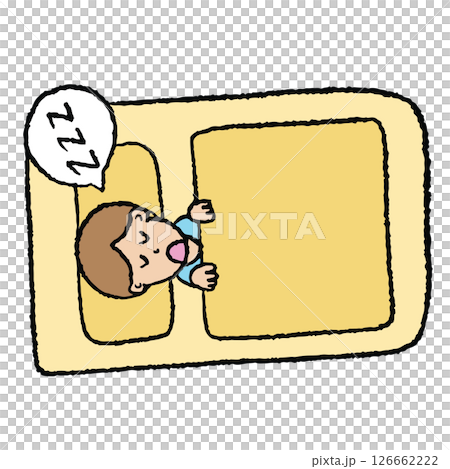 Hand drawn crayon illustration of a boy sleeping on bed for back to school, students, children, childhood, people, human, sticker, family members, kids, cute patch, brooch, print, night time Hand drawn crayon illustration of a boy sleeping on bed for back to school, students, children, childhood, people, human, sticker, family members, kids, cute patch, brooch, print, night time 126662222