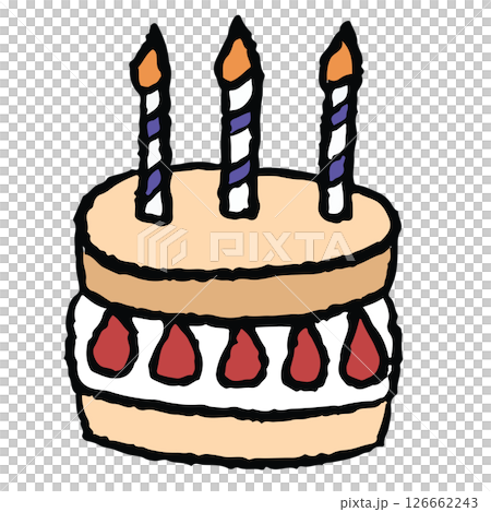 Hand drawn crayon illustration of strawberry cake with candles for birthday cake, sweet dessert, cafe, restaurant, menu, recipe, baking book, stickers, food, snack, cake shop, brunch, card, party Hand drawn crayon illustration of strawberry cake with candles for birthday cake, sweet dessert, cafe, restaurant, menu, recipe, baking book, stickers, food, snack, cake shop, brunch, card, party 126662243