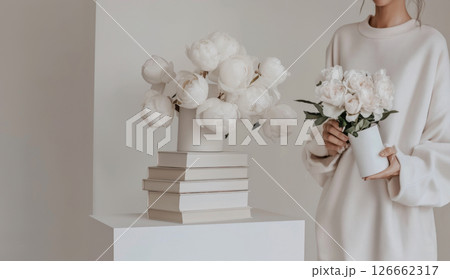 White peonies in vases with woman in sweatshirt, suitable as home decor background White peonies in vases with woman in sweatshirt, suitable as home decor background 126662317