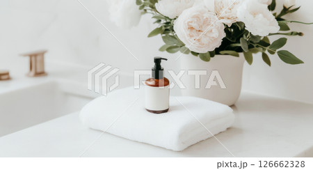 Natural cosmetics closeup in bathroom with flowers, minimalistic beauty concept 126662328