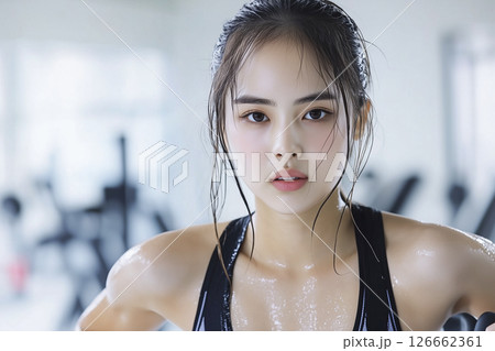 Woman with wet hair and a black tank top 126662361
