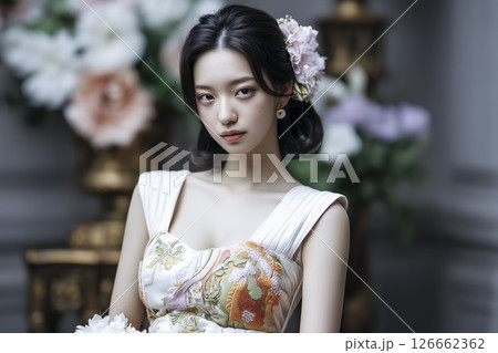 Woman wearing a white dress with a flowery pattern 126662362
