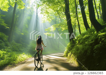 Woman is riding a bicycle down a road 126662365