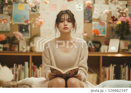 Woman is sitting on a pillow and reading a book 126662397