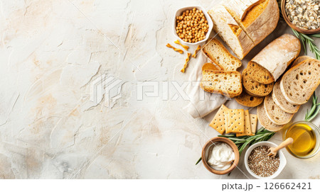 Assortment of diet breads including seed loaf on textured background 126662421