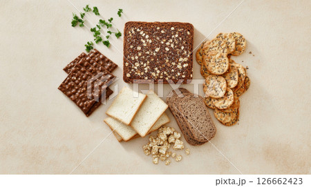Assortment of diet breads including seed loaf for healthy eating, background 126662423
