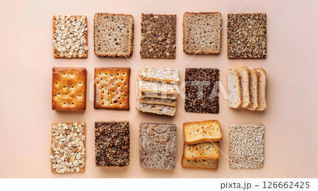 An assortment of diet breads including seed loaf on beige background 126662425
