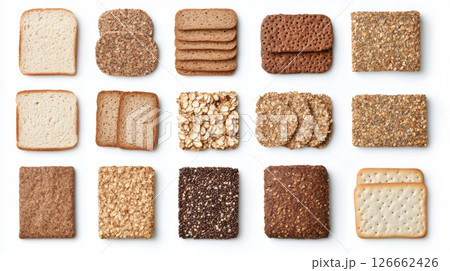 Assortment of diet breads including seed loaf, varieties displayed on white background 126662426