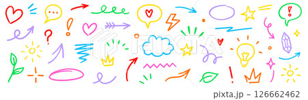 Line marker hand color brush icon set. Arrow sketch stroke underline pencil shape colorful highlight for text or design. Hand drawn star crown heart with playful doodle style. Vector 126662462