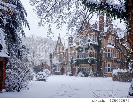 A large, historic mansion covered in snow. The surrounding garden features snow-laden trees and bushes. The scene captures a serene winter atmosphere. 126662675
