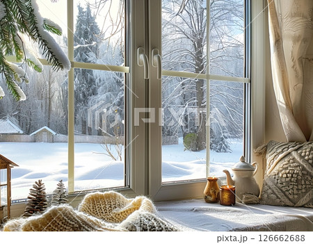 A cozy winter scene viewed through a window. Snow covers the ground and trees outside. A warm blanket and teapot are on a table nearby, creating a comfortable atmosphere. 126662688