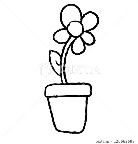 Hand drawn crayon outline of flower in flowerpot png for kid colouring book, plant, tree, cartoon character, floral print, nature, garden, patch, sticker, blossom, blooming, summer, house yard, home 126662698